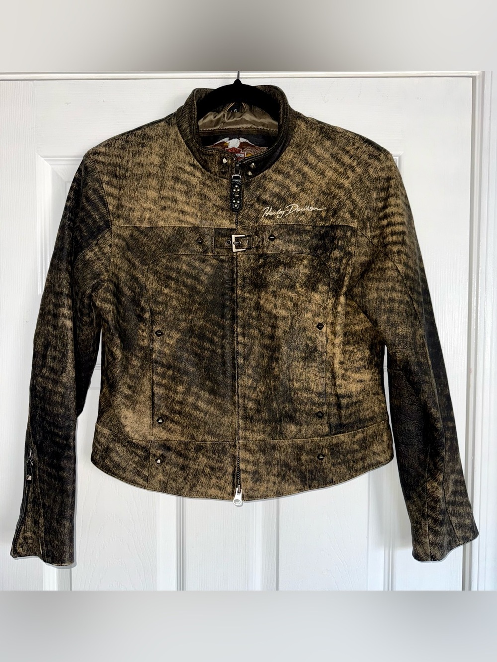 HARLEY DAVIDSON Vintage Distressed Tiger Stripe Leather Stud Riding Zip Jacket S - Picture 2 of 13